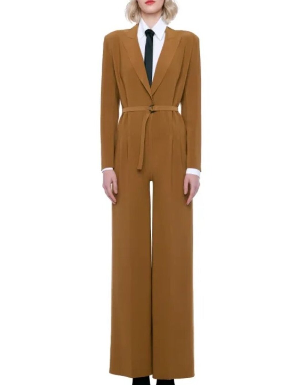 Norma Kamali Wood Belted Pleated Stretch Jersey Jumpsuit, XXS